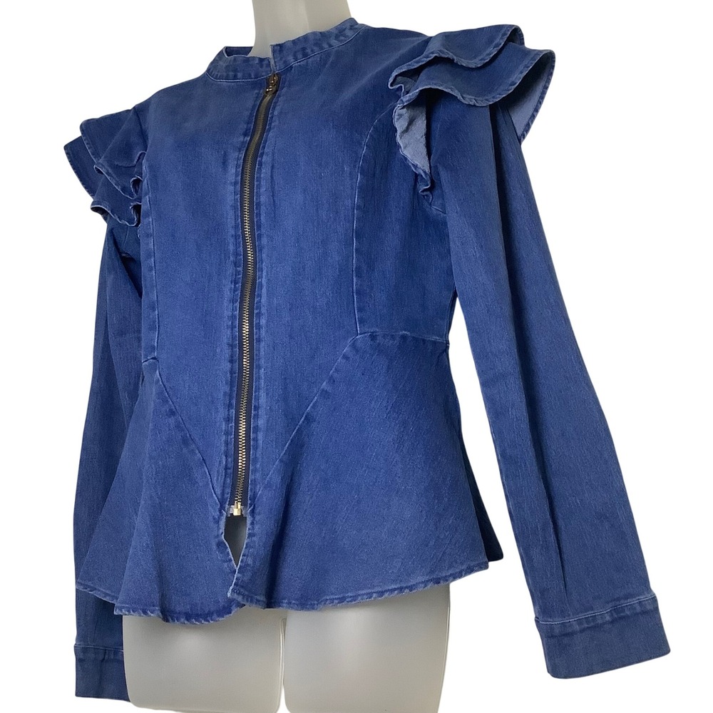 Unbranded Ruffle Shoulder Peplum Denim Jacket Blue Zip Front Heart‎ Pull Med